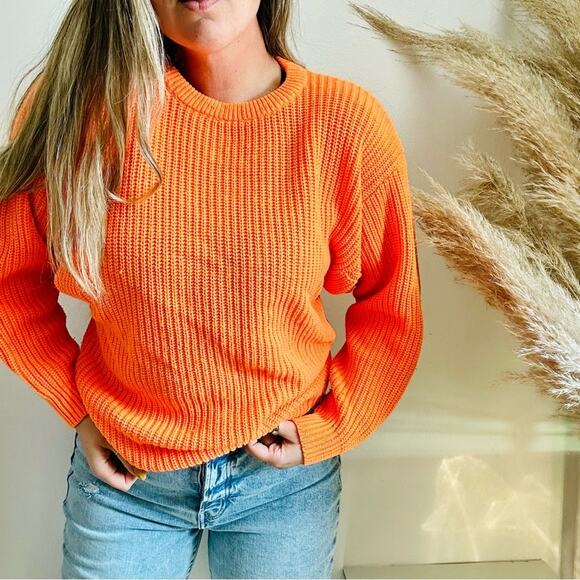 EXPRESS Neon Orange Chunky Thick Knit Tunic Pullover Crew Neck Cozy Sweater M - Picture 14 of 14